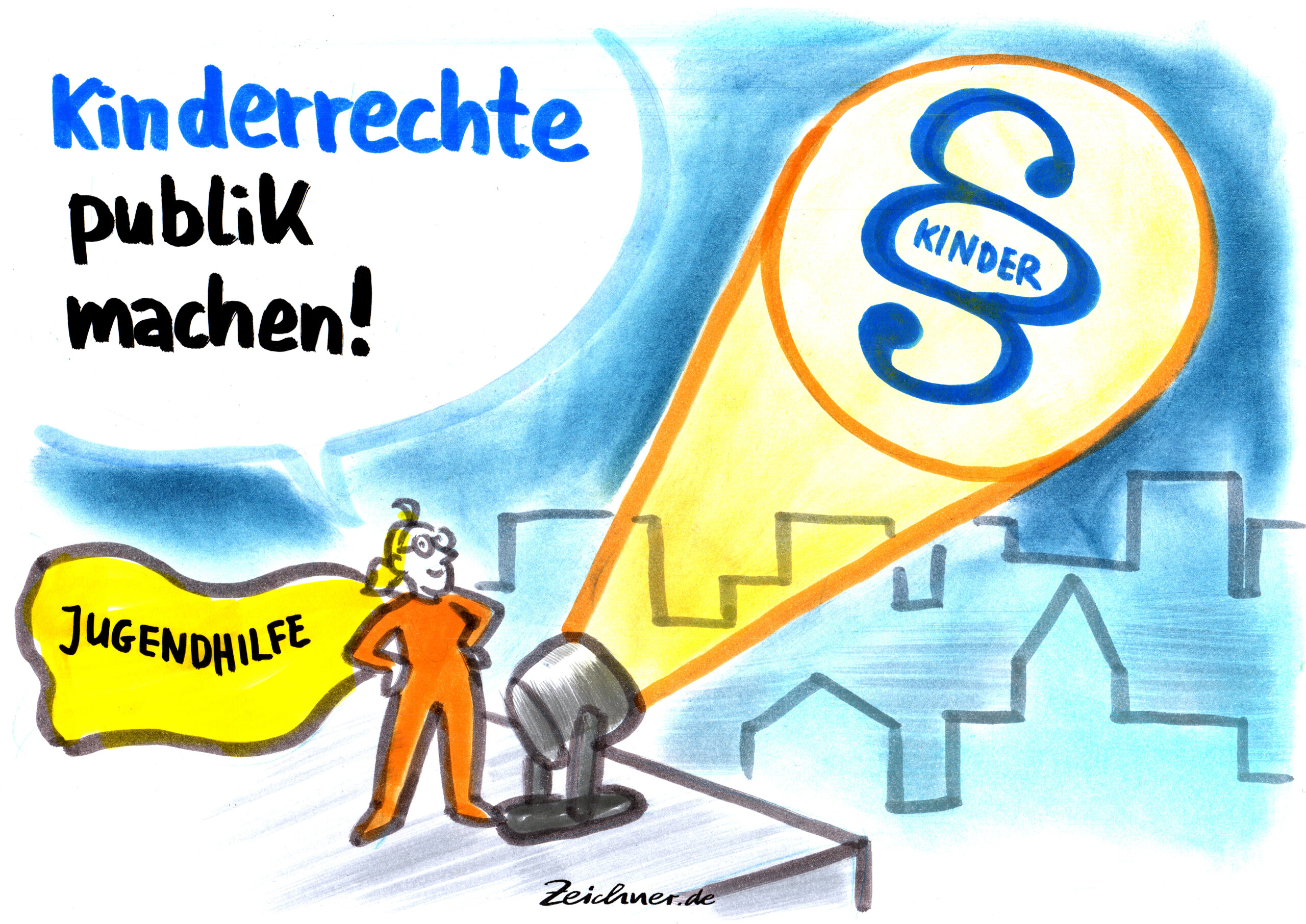 Bild zeigt einen Lichtkegel, der auf ein Paragraphen zeigt. In dem Paragraphen steht "Kinder". Daneben steht ein Kind. Titel des Bildes: Kinderrechte publik machen. 